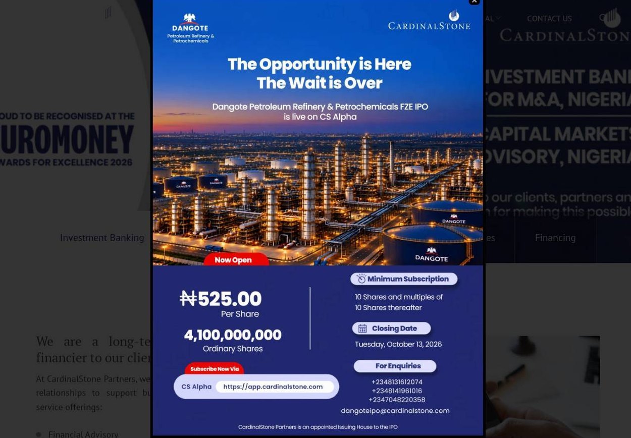 Screenshot of the CardinalStone Securities website