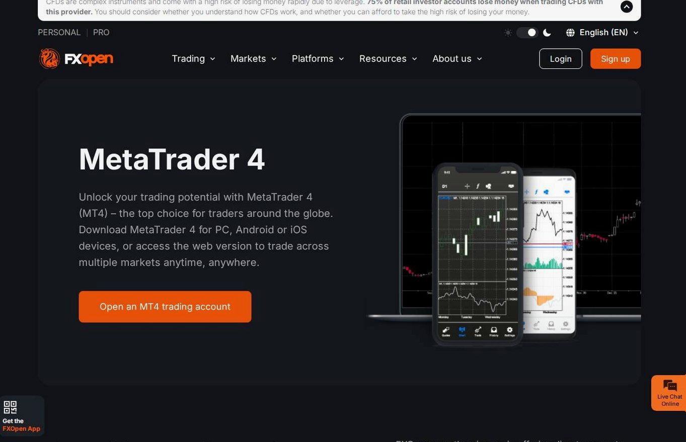 The platform page on the FXOpen website
