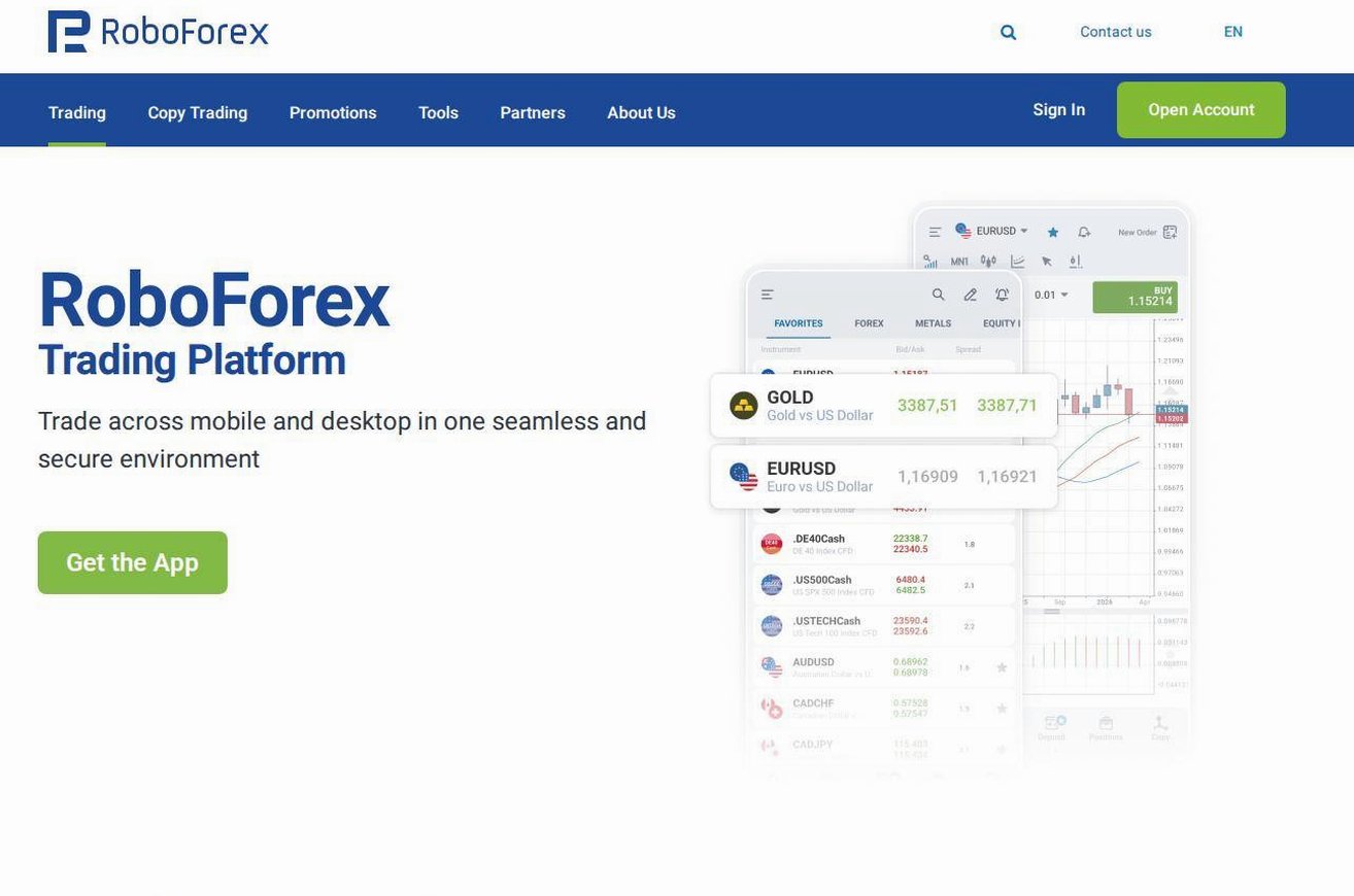 The platform page on the RoboForex website