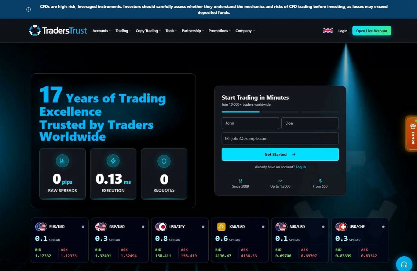 Screenshot of the Traders Trust website