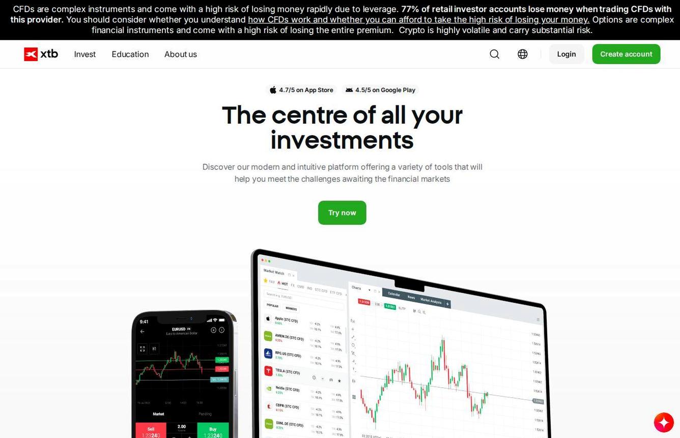 The platform page on the XTB website